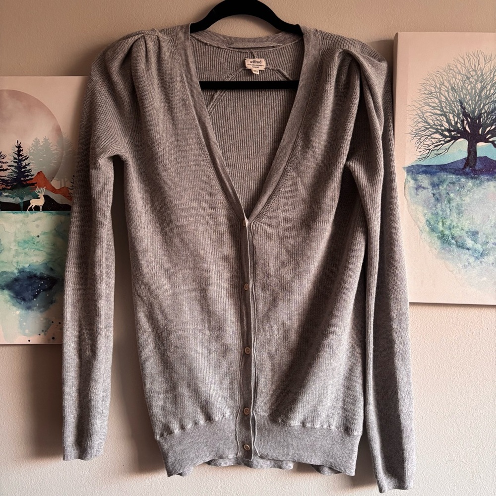 Aritzia WILFRED Silk Cashemere Grey Button‎Up Deep V Slinky Stretch Cardigan XXS